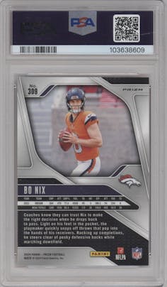 Bo Nix from the 2024 Panini Prizm set featuring a Disco parallel graded by PSA and given an overall grade of 10.