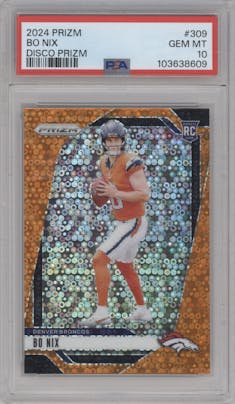 Bo Nix from the 2024 Panini Prizm set featuring a Disco parallel graded by PSA and given an overall grade of 10.