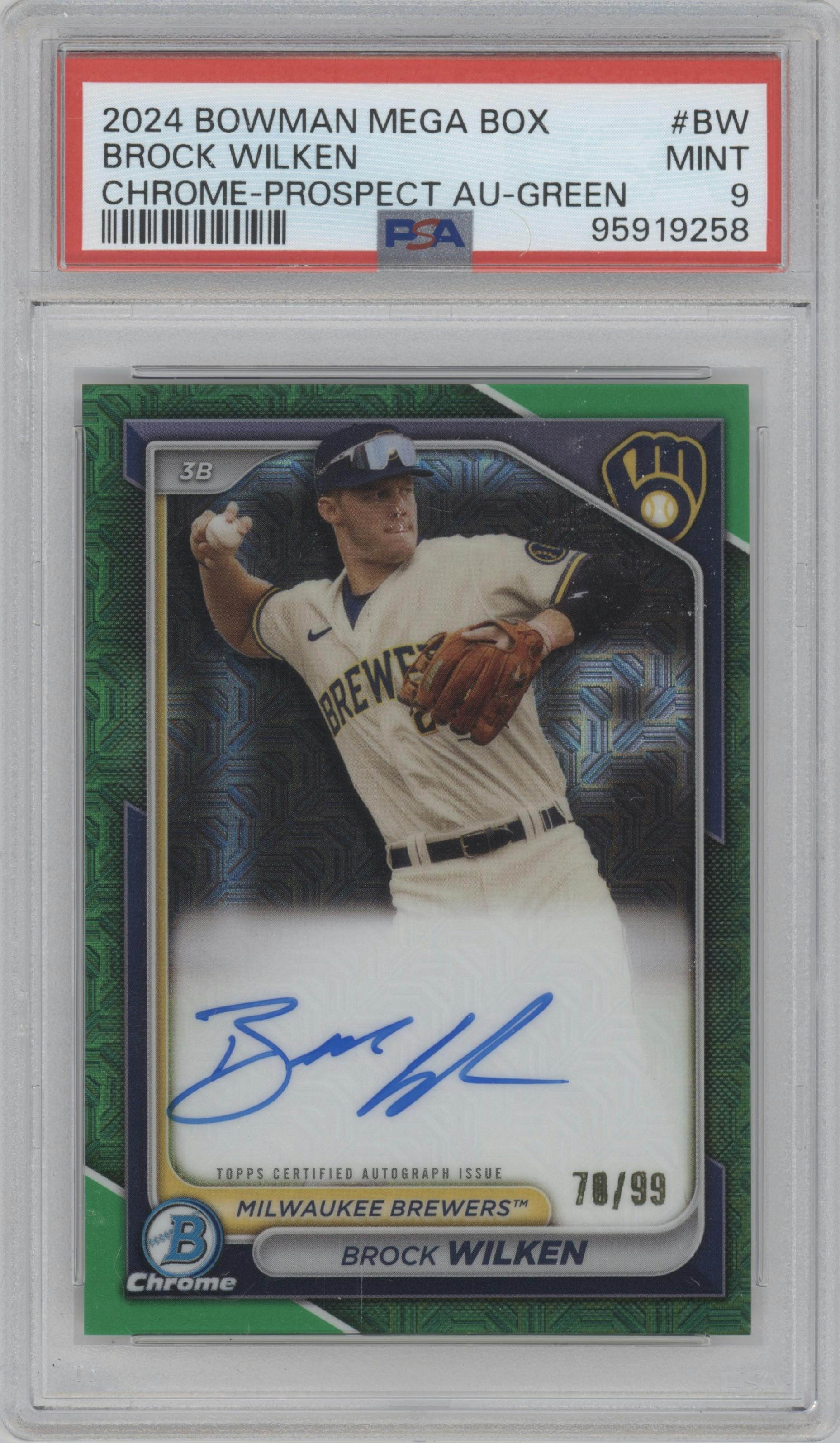 Brock Wilken from the 2024 Bowman Mega Box set featuring a Green Mega Refractor parallel graded by PSA and given an overall grade of 9.