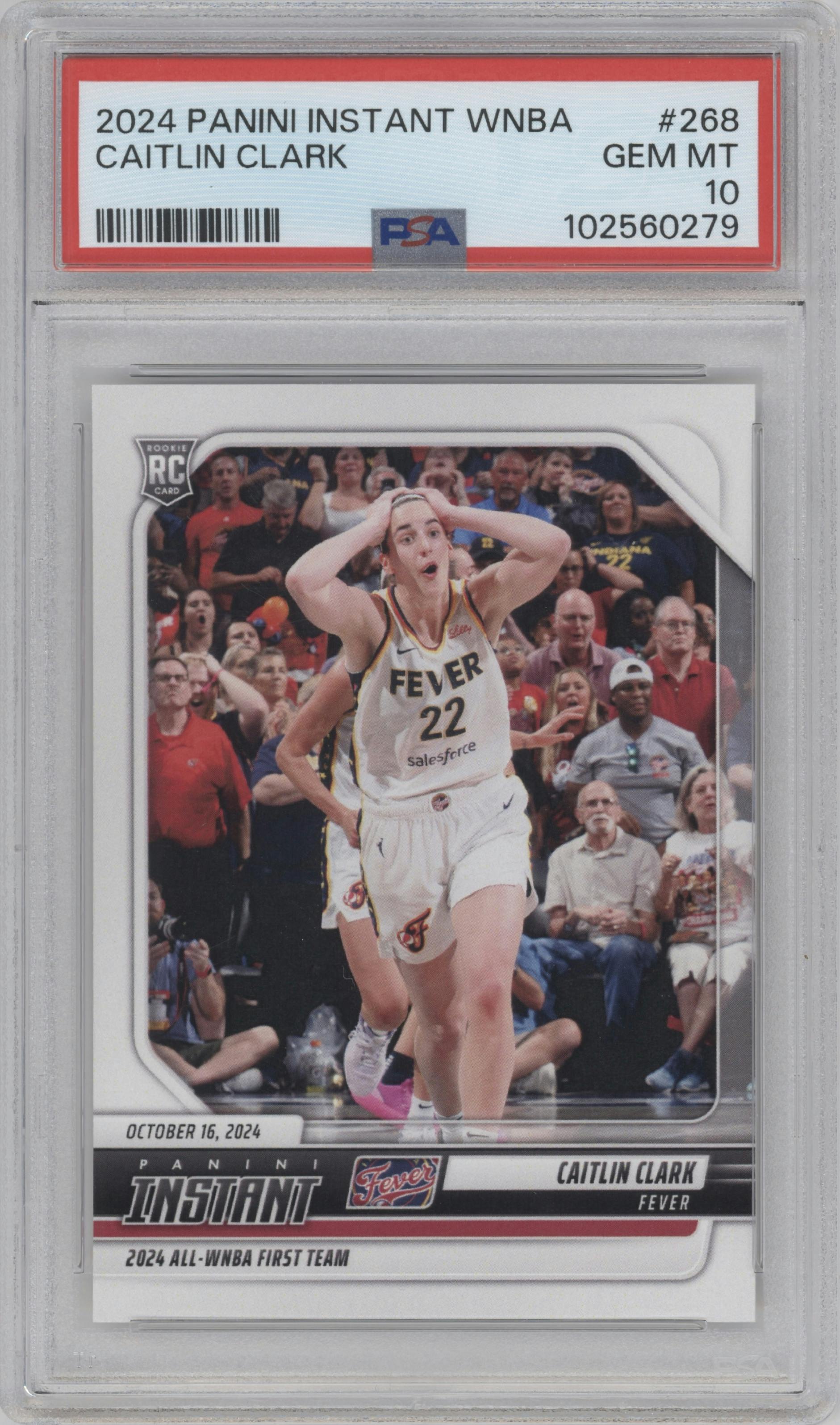 Caitlin Clark from the 2024-25 Panini Instant WNBA set graded by PSA and given an overall grade of 10.