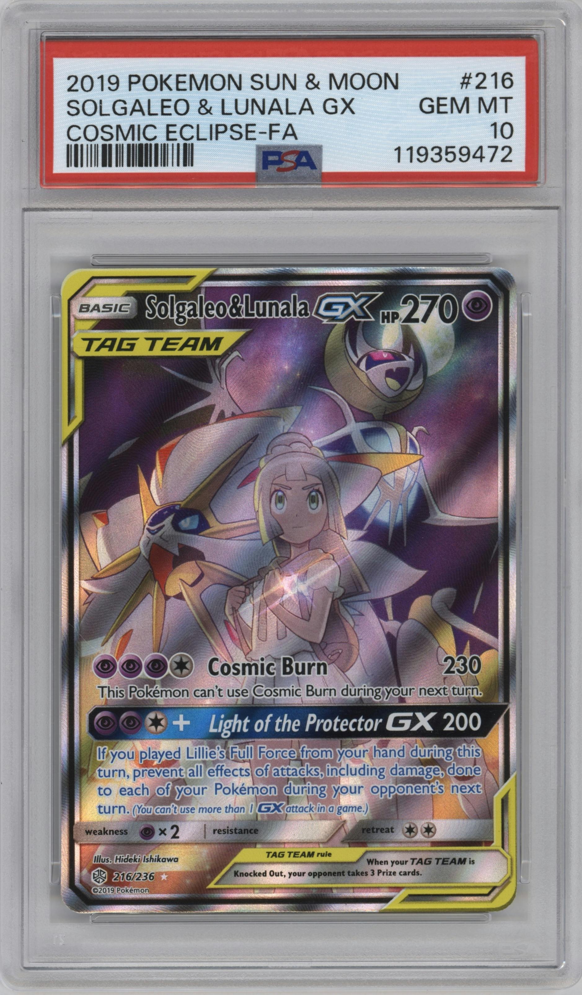 Solgaleo & Lunala GX from the 2019 Pokemon S&M  set graded by PSA and given an overall grade of 10.