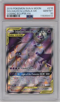 Solgaleo & Lunala GX from the 2019 Pokemon S&M set graded by PSA and given an overall grade of 10.
