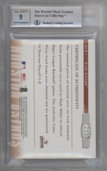 Wade Miller from the 2005 Donruss Prime Patches set featuring a Prime parallel graded by Beckett and given an overall grade of 8.5.