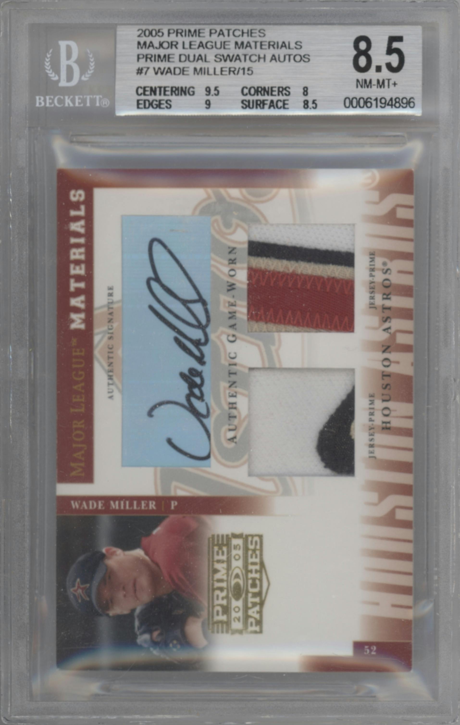 Wade Miller from the 2005 Donruss Prime Patches set featuring a Prime parallel graded by Beckett and given an overall grade of 8.5.