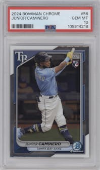 Junior Caminero from the 2024 Bowman Chrome set graded by PSA and given an overall grade of 10.