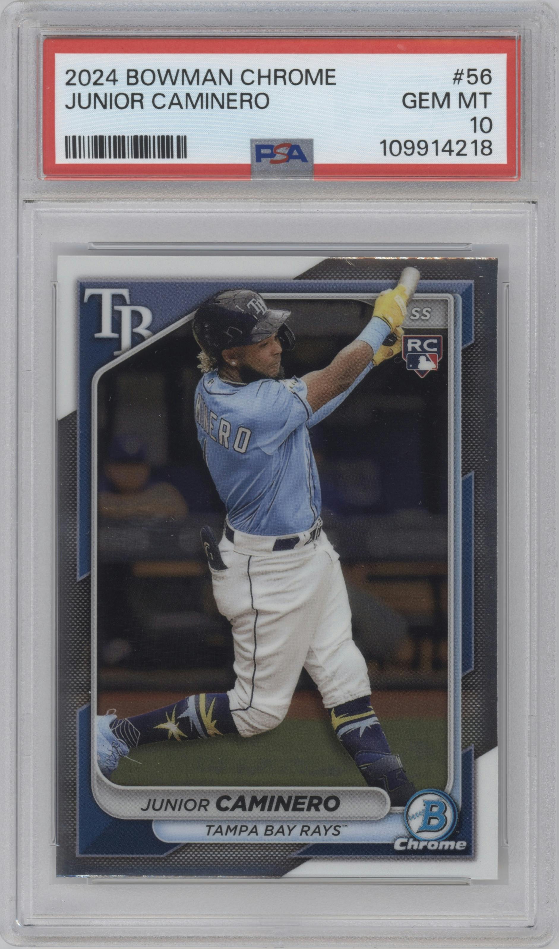 Junior Caminero from the 2024 Bowman Chrome set graded by PSA and given an overall grade of 10.