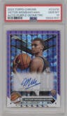 Victor Wembanyama from the 2023-24 Topps Chrome set featuring a Purple Geometric parallel graded by PSA and given an overall grade of 10.