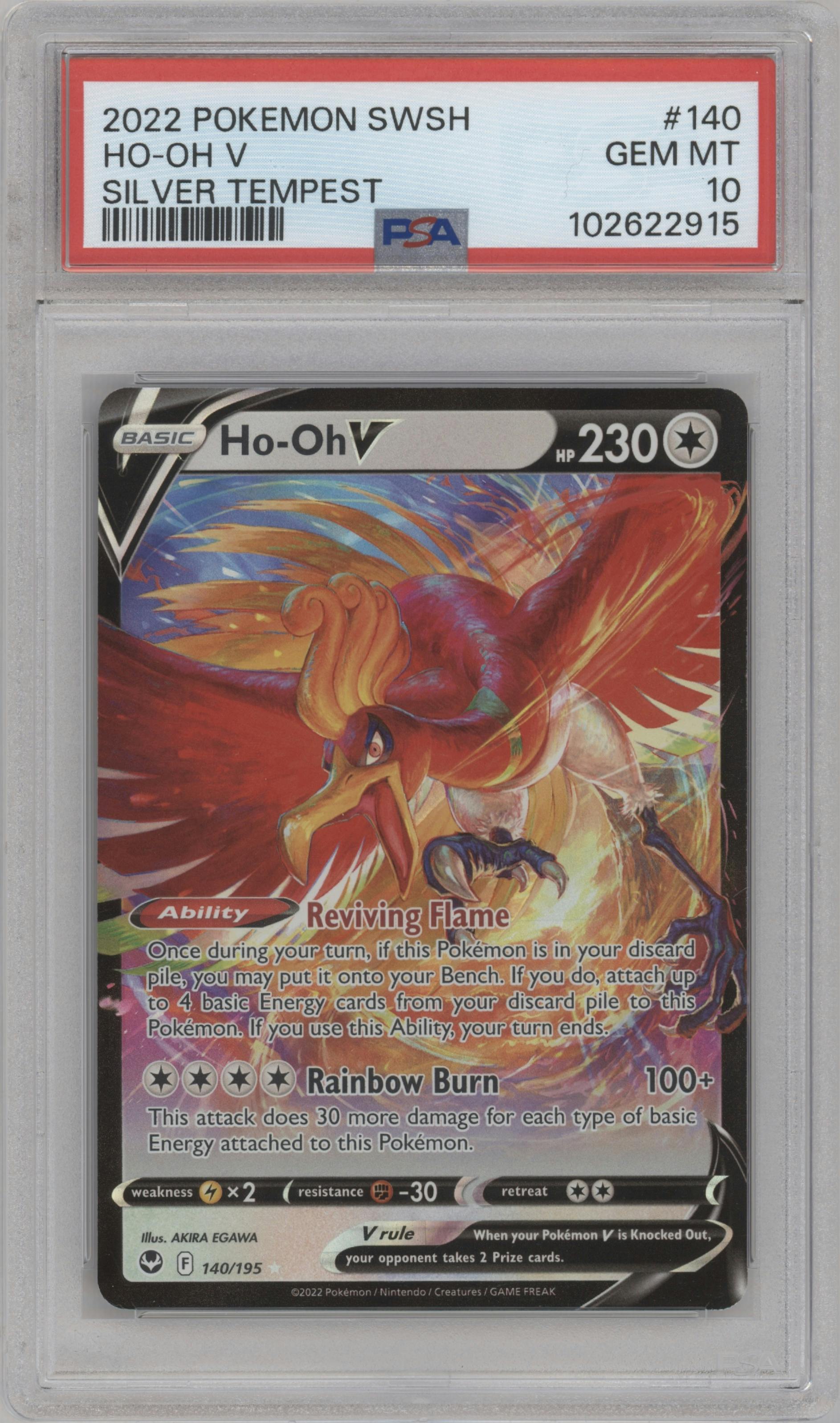 Ho-Oh V from the 2022 Pokemon SWSH set graded by PSA and given an overall grade of 10.