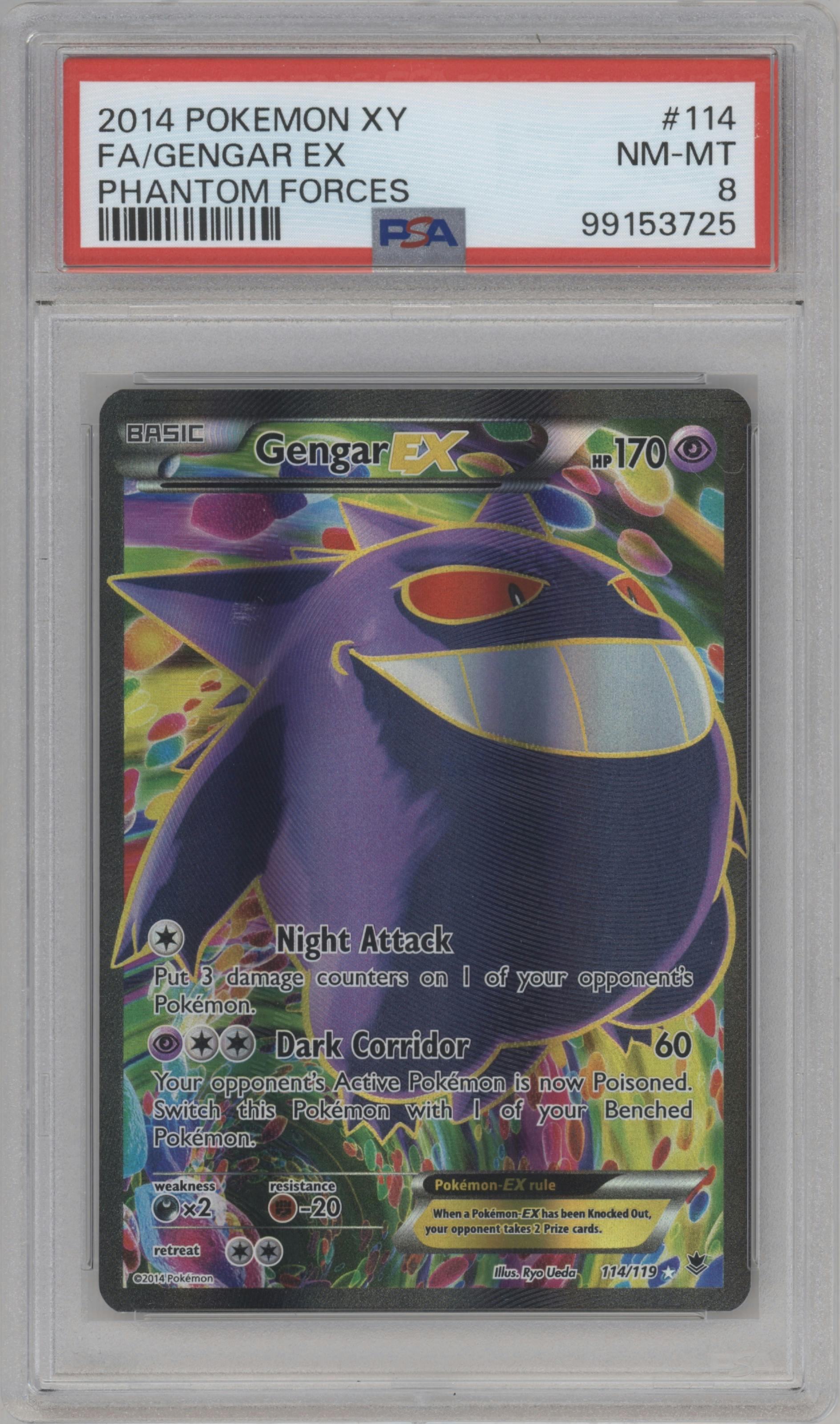 Gengar EX from the 2014 Pokemon XY set graded by PSA and given an overall grade of 8.
