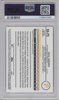 Paul Skenes from the 2024 Topps Chrome Update set featuring a Blue RayWave Refractor parallel graded by PSA and given an overall grade of 9.