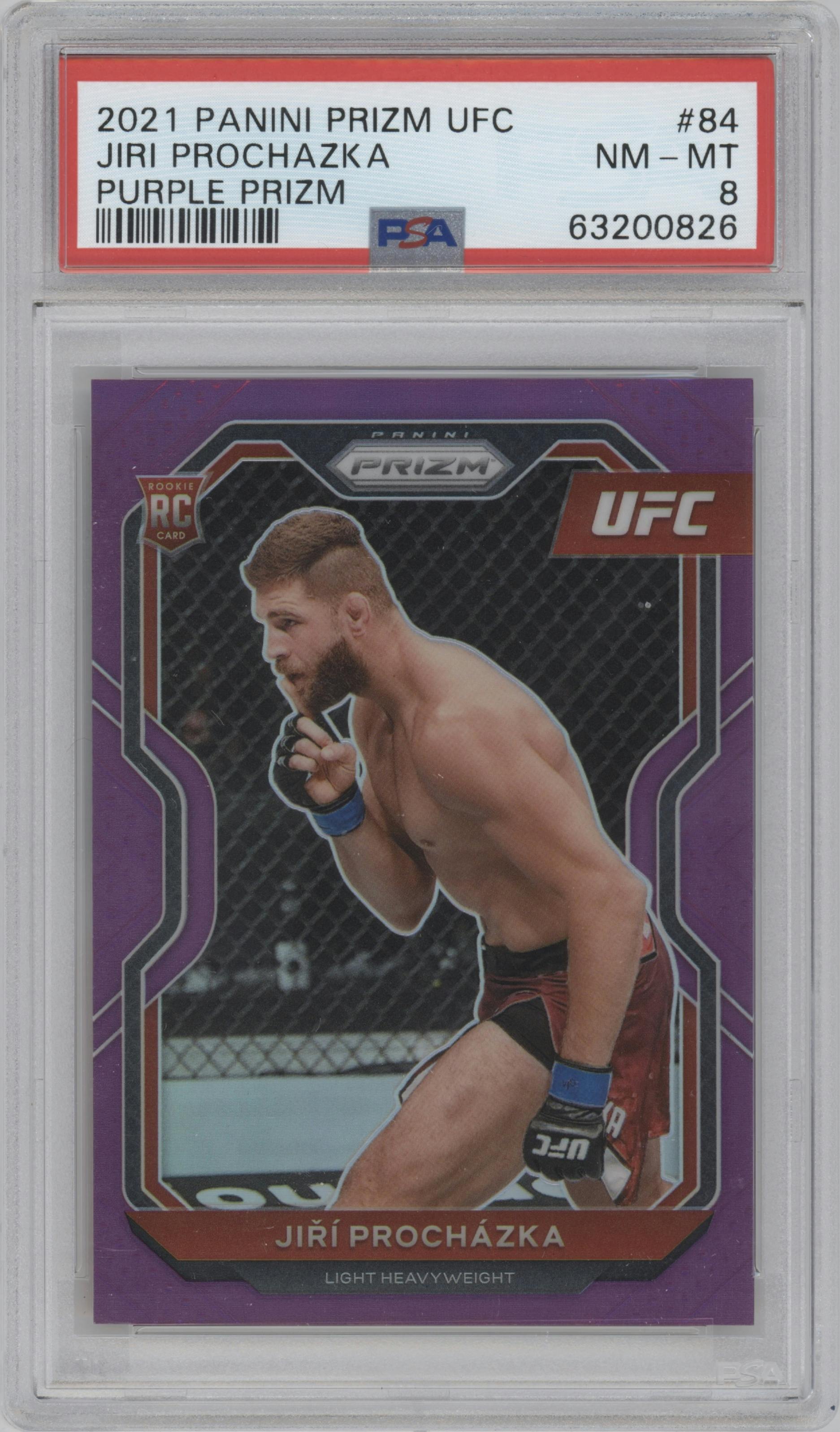Jiri Prochazka from the 2021 Panini Prizm UFC set featuring a Purple Prizm parallel graded by PSA and given an overall grade of 8.