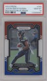 Jaxon Smith-Njigba from the 2023 Panini Prizm set featuring a Red White Blue Prizm parallel graded by PSA and given an overall grade of 10.