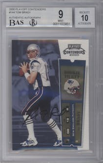 Tom Brady from the 2000 Playoff Contenders set graded by Beckett and given an overall grade of 9.
