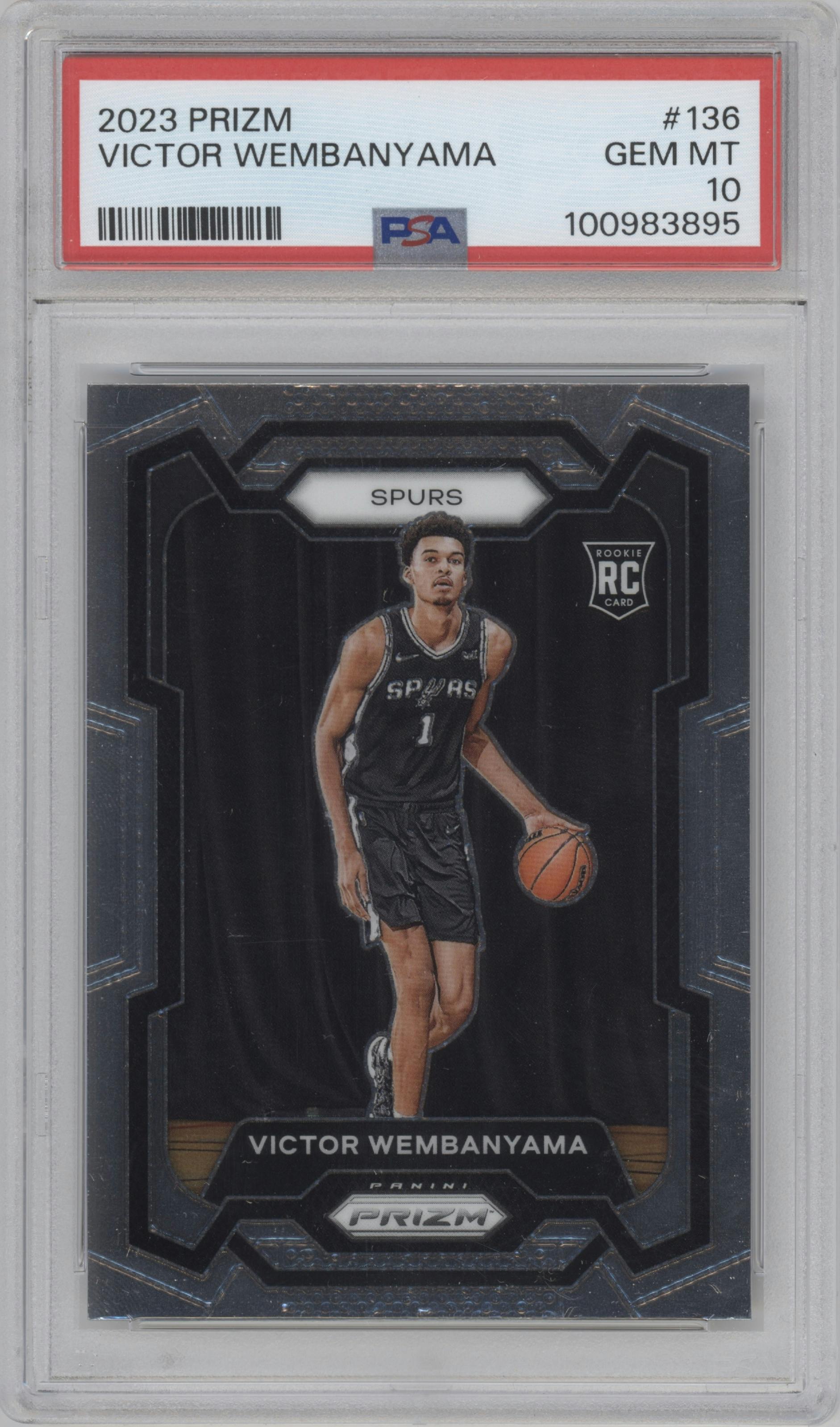 Victor Wembanyama from the 2023-24 Panini Prizm set graded by PSA and given an overall grade of 10.