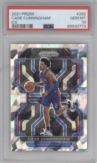 Cade Cunningham from the 2021-22 Panini Prizm  set featuring a Ice Prizm parallel graded by PSA and given an overall grade of 10.