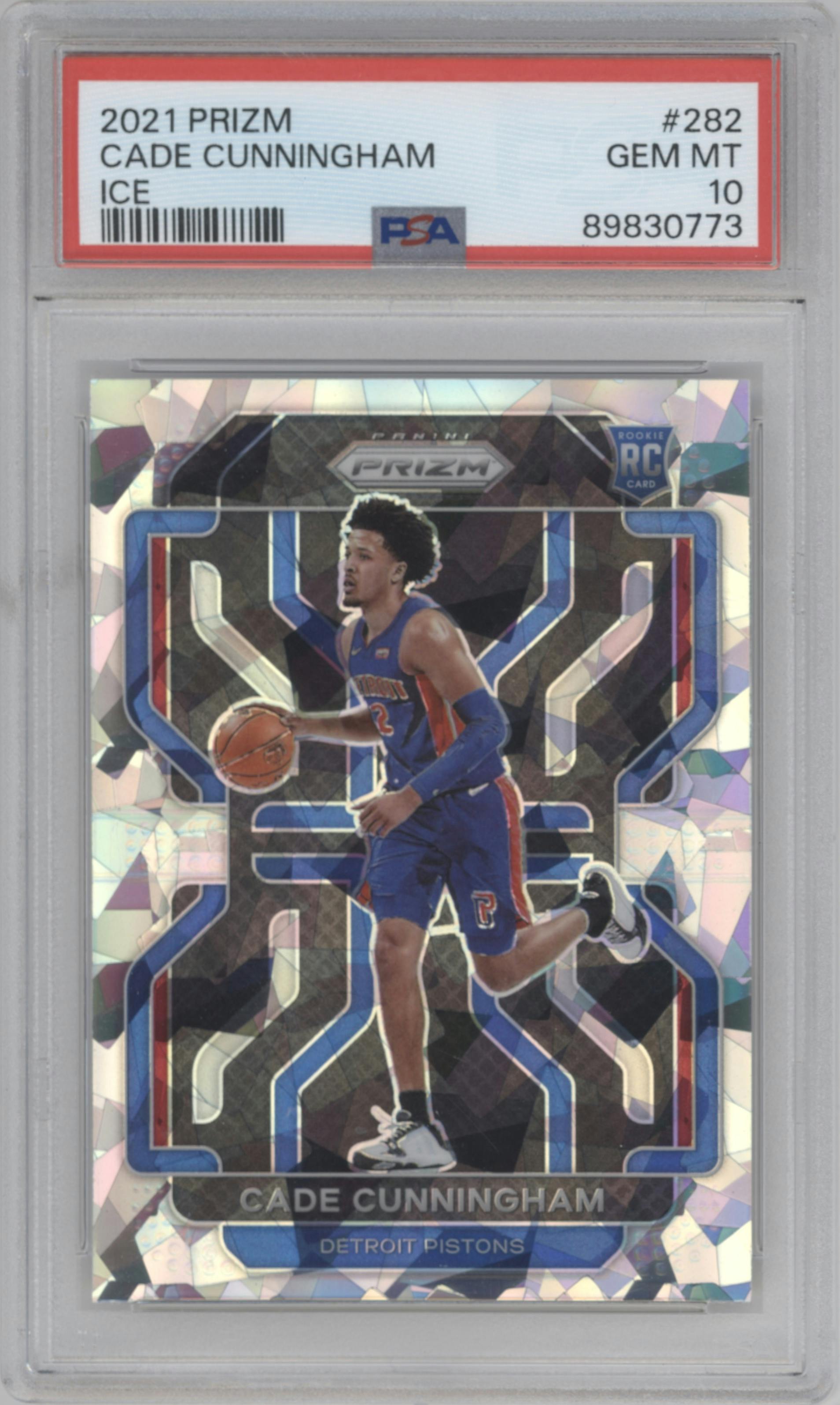 Cade Cunningham from the 2021-22 Panini Prizm  set featuring a Ice Prizm parallel graded by PSA and given an overall grade of 10.
