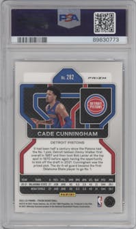 Cade Cunningham from the 2021-22 Panini Prizm  set featuring a Ice Prizm parallel graded by PSA and given an overall grade of 10.
