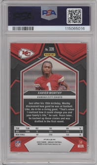 Xavier Worthy from the 2024 Panini Mosaic set featuring a Honeycomb parallel graded by PSA and given an overall grade of 9.