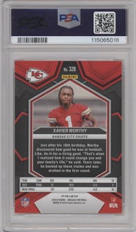 Xavier Worthy from the 2024 Panini Mosaic set featuring a Honeycomb parallel graded by PSA and given an overall grade of 9.