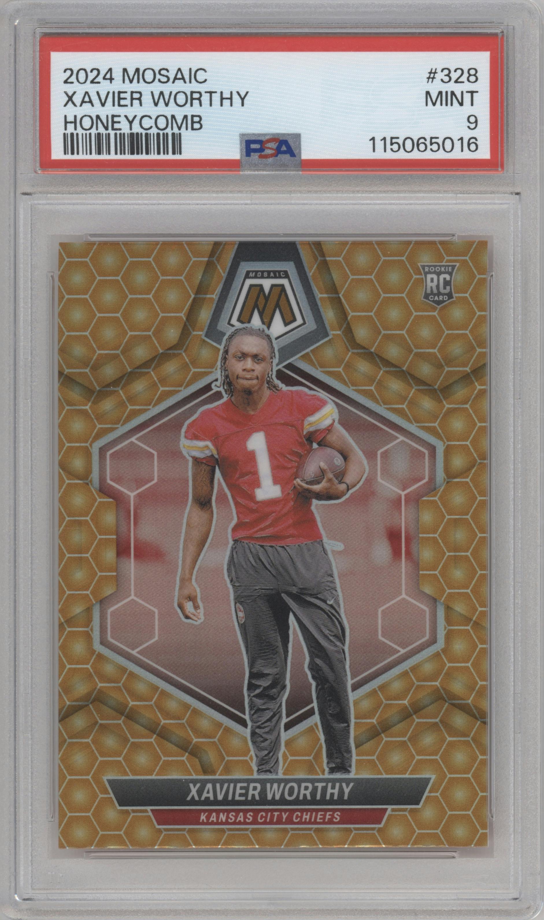Xavier Worthy from the 2024 Panini Mosaic set featuring a Honeycomb parallel graded by PSA and given an overall grade of 9.