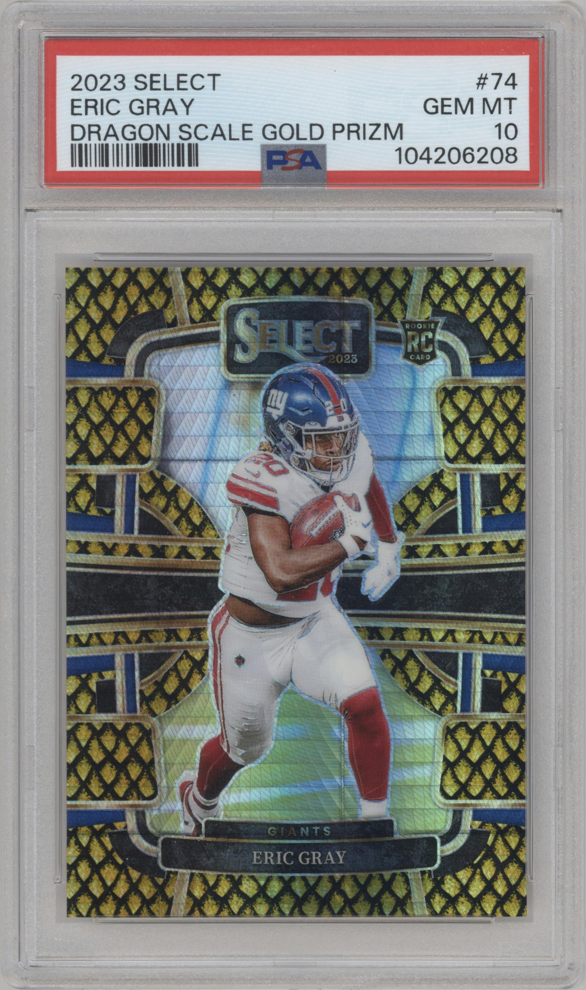 Eric Gray from the 2023 Panini Select set featuring a Gold Dragon Scale parallel graded by PSA and given an overall grade of 10.