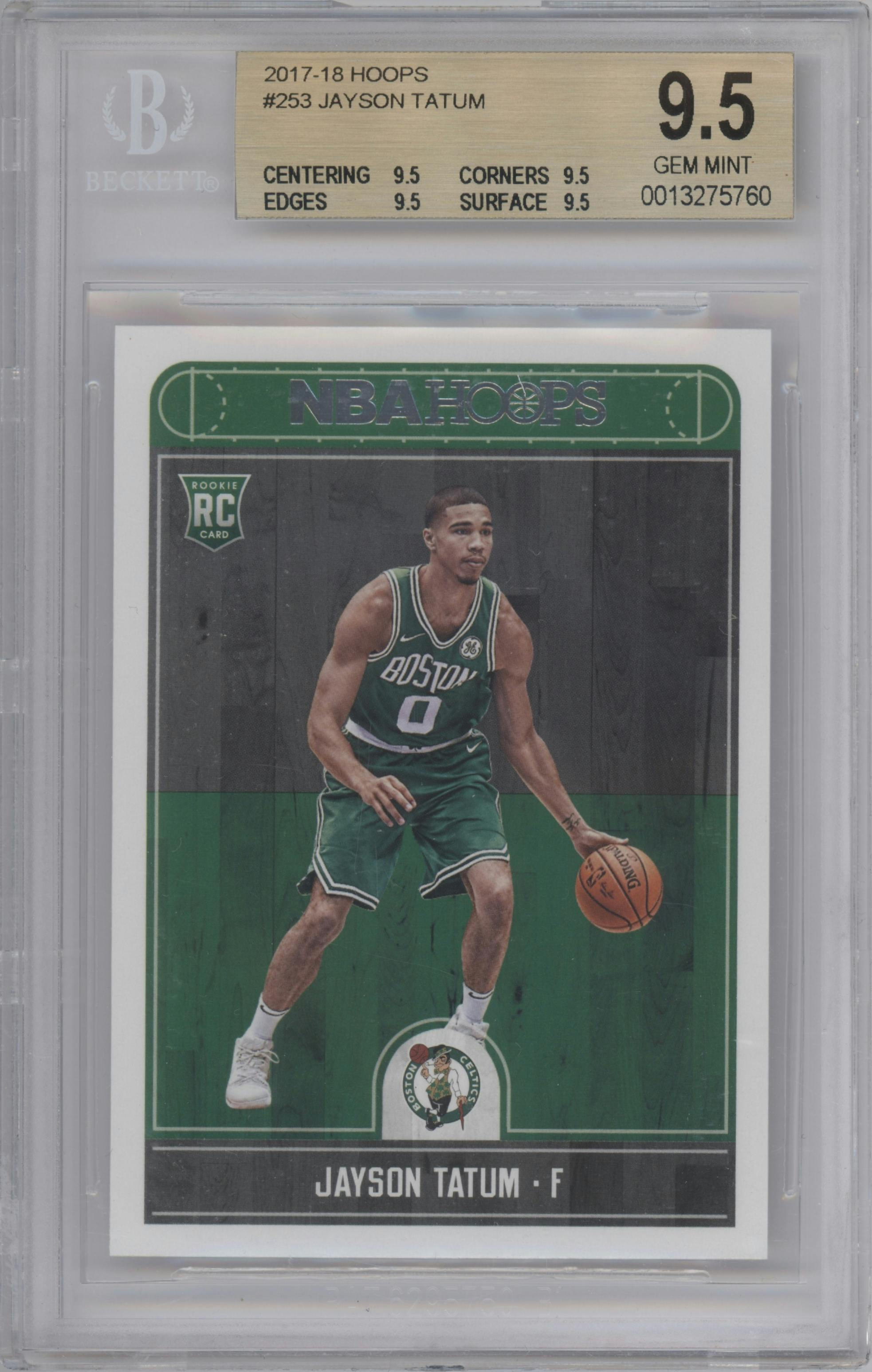 Jayson Tatum from the 2017-18 Panini NBA Hoops set graded by Beckett and given an overall grade of 9.5.