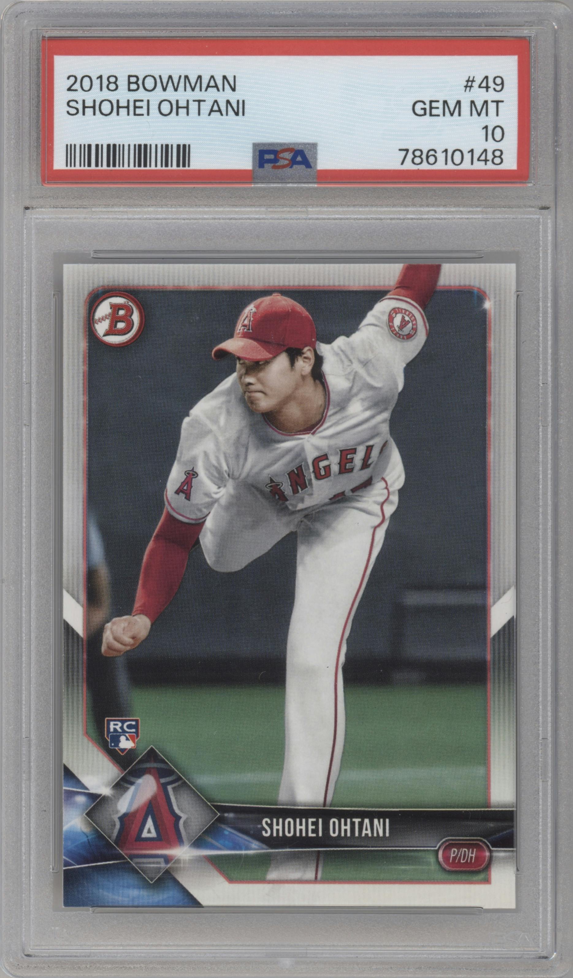 Shohei Ohtani from the 2018 Bowman set graded by PSA and given an overall grade of 10.