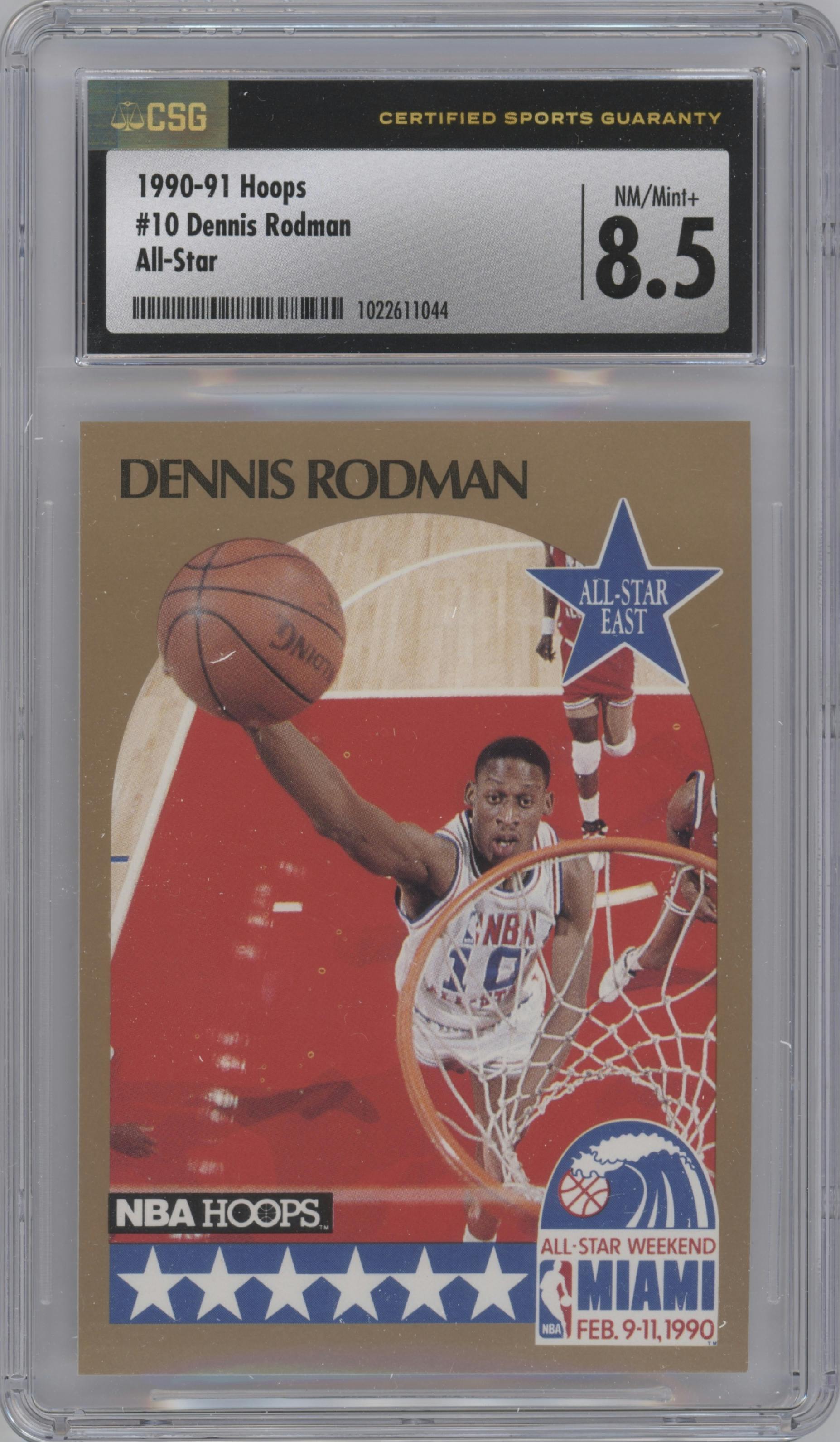  Dennis Rodman  from the 1990-91 NBA Hoops set graded by CSG and given an overall grade of 8.5.