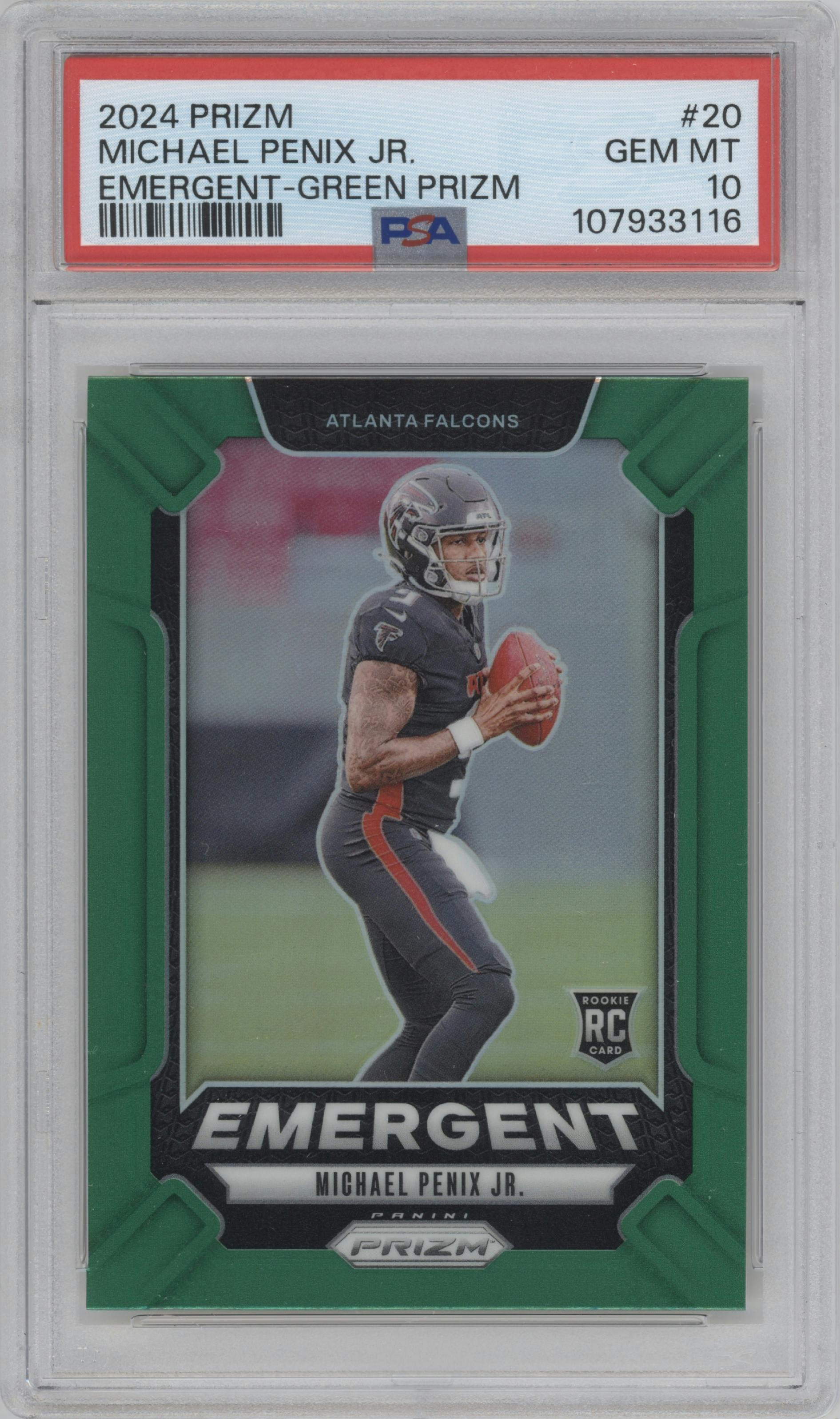 Michael Penix Jr. from the 2024 Panini Prizm set featuring a Green Prizm parallel graded by PSA and given an overall grade of 10.