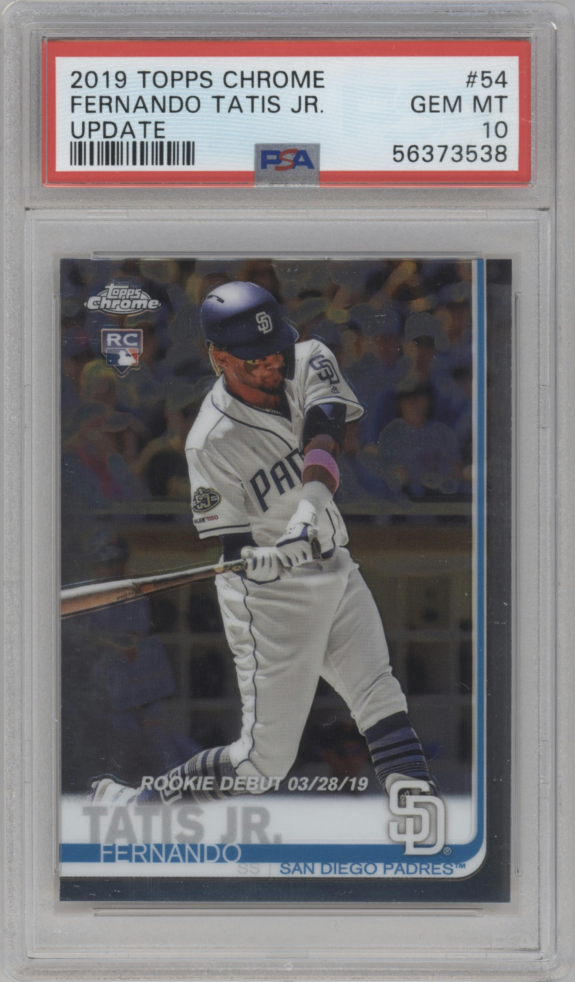 Fernando Tatis Jr. from the 2019 Topps Chrome Update set graded by PSA and given an overall grade of 10.