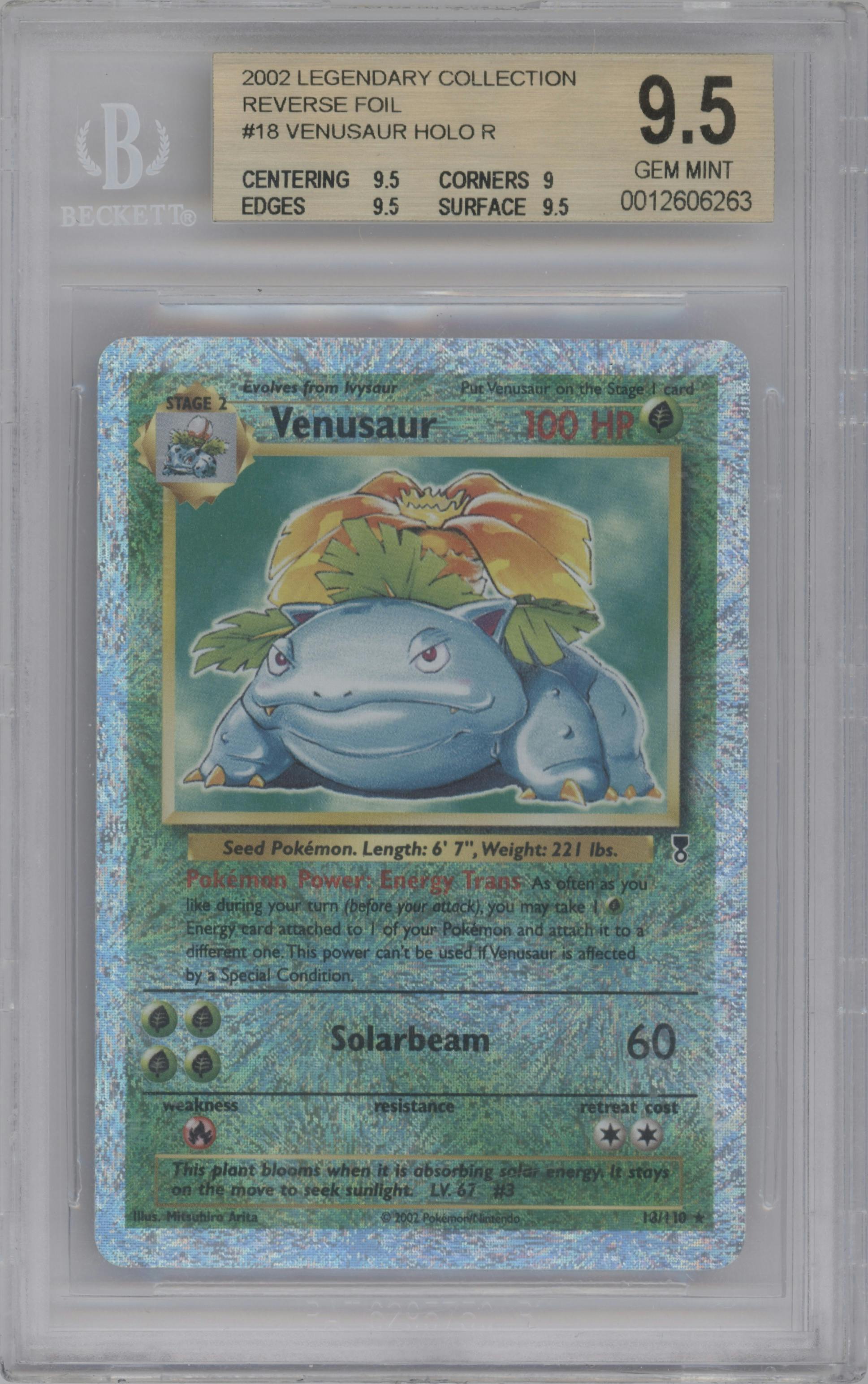 Venusaur from the 2002 Pokemon  set graded by Beckett and given an overall grade of 9.5.