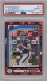 J.J. McCarthy from the 2024 Donruss set featuring a Red Pandora parallel graded by PSA and given an overall grade of 10.