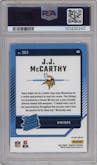 J.J. McCarthy from the 2024 Donruss set featuring a Red Pandora parallel graded by PSA and given an overall grade of 10.