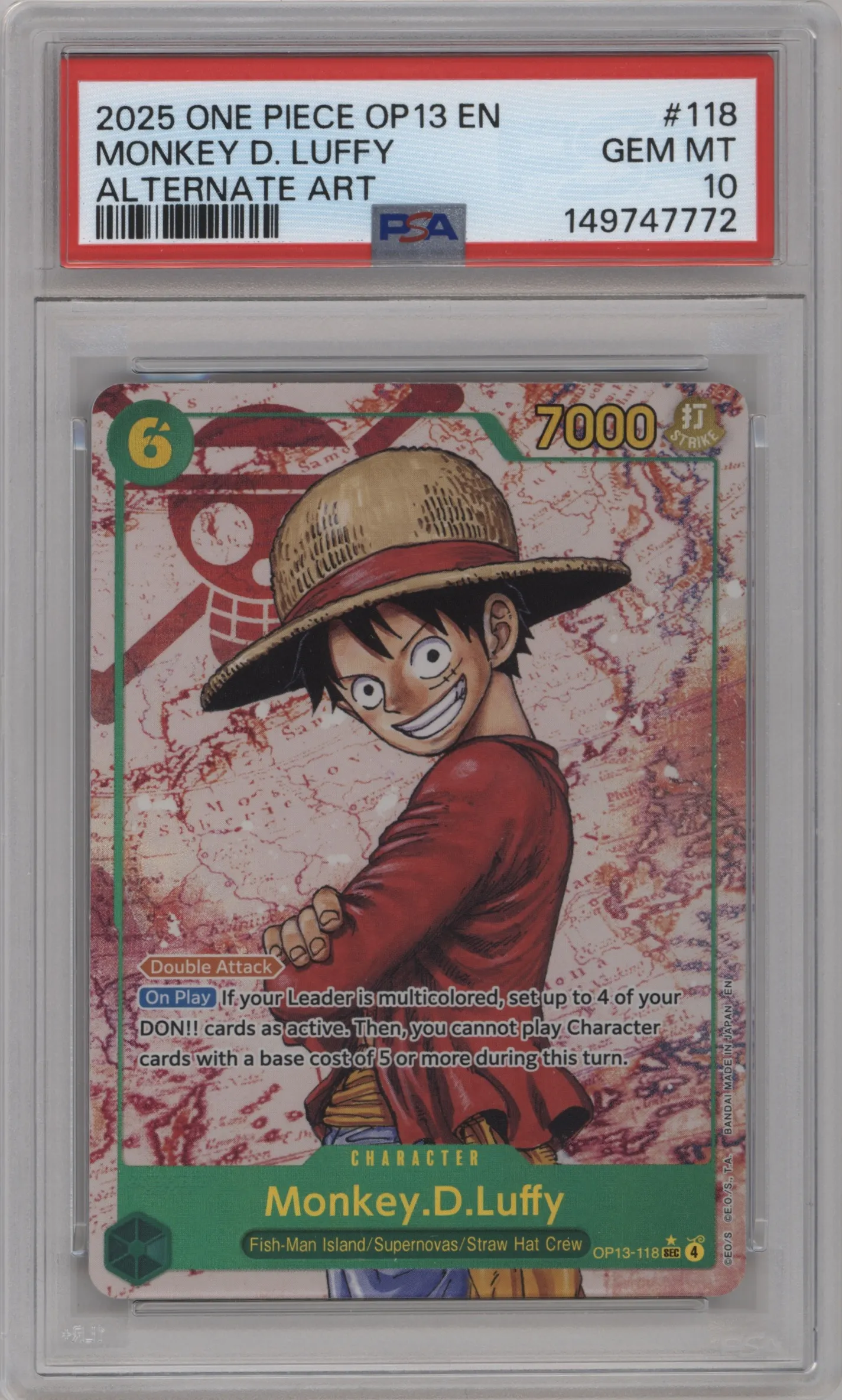 2025 One Piece Carrying On His Will Monkey.D.Luffy Alternate Art SEC #OP13-118 SEC PSA 10