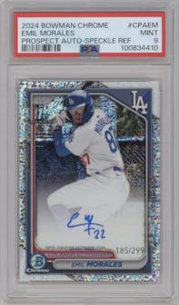 Emil Morales  from the 2024 Bowman Chrome set featuring a Speckle Refractor parallel graded by PSA and given an overall grade of 9.
