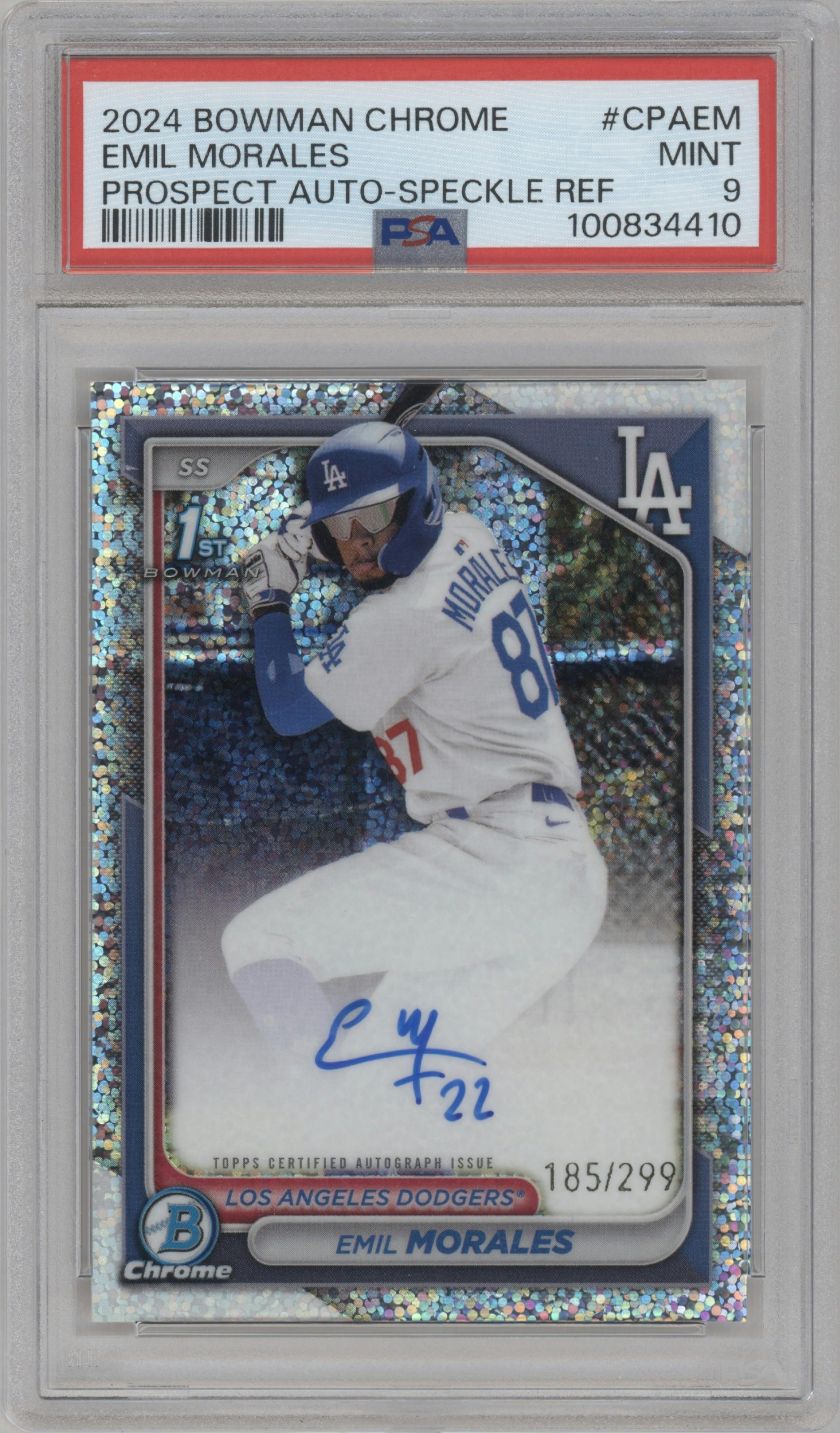 Emil Morales  from the 2024 Bowman Chrome set featuring a Speckle Refractor parallel graded by PSA and given an overall grade of 9.