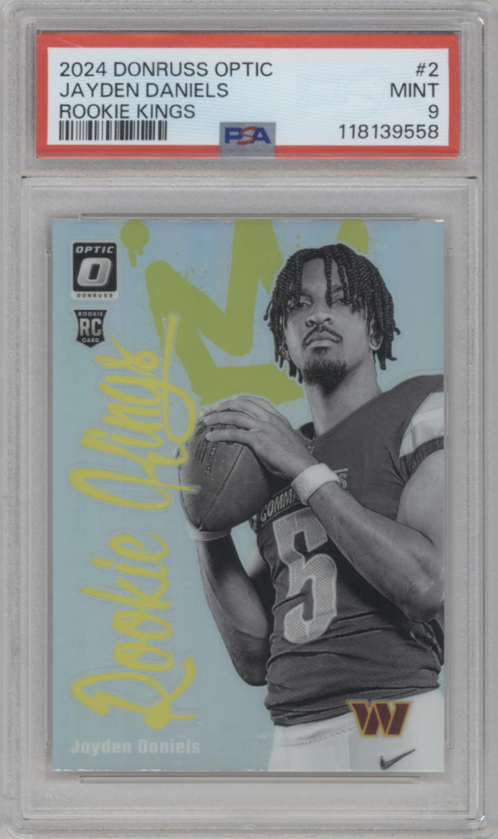 Jayden Daniels from the 2024 Donruss Optic set graded by PSA and given an overall grade of 9.