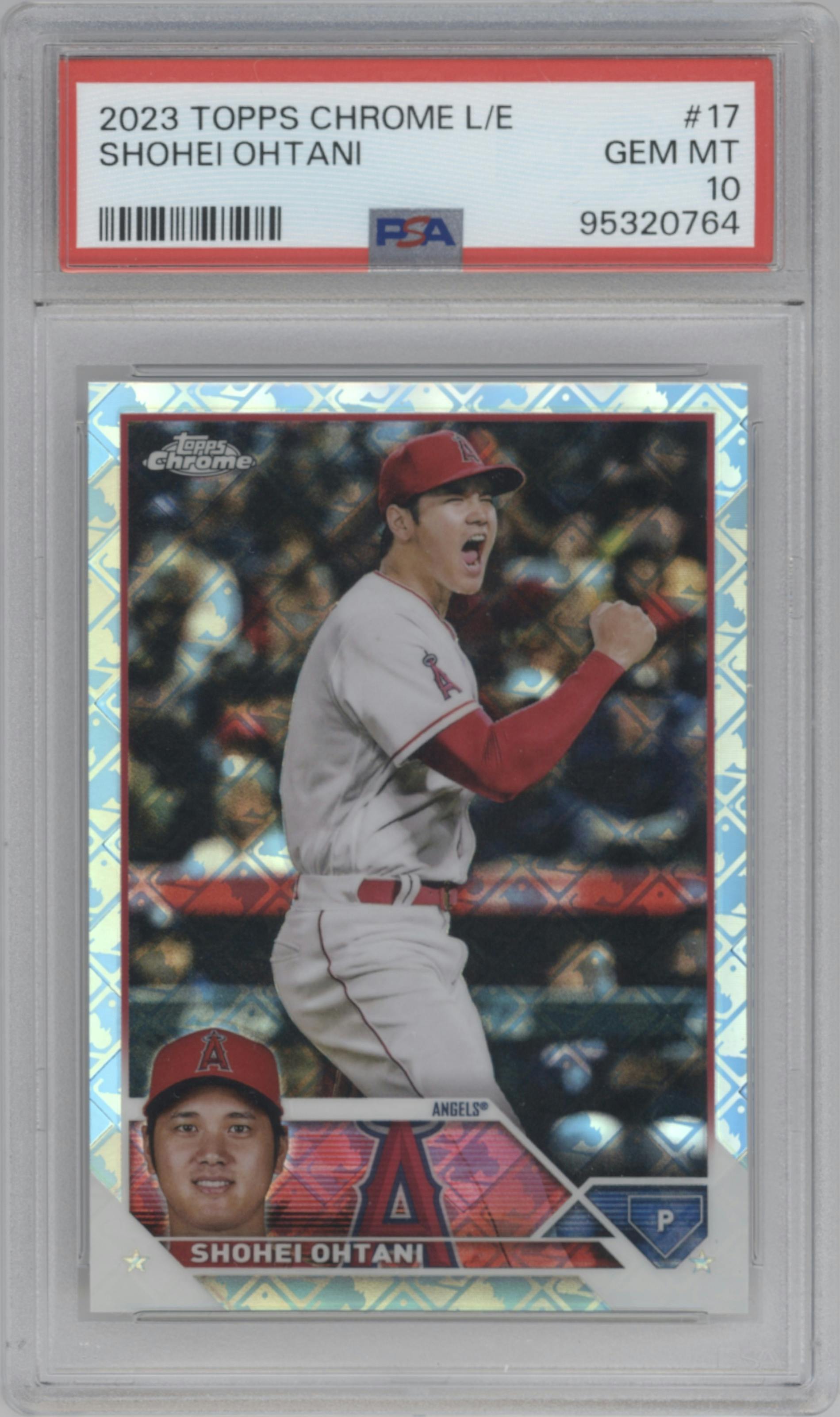 Shohei Ohtani from the 2023 Topps Chrome Logofractor Edition set graded by PSA and given an overall grade of 10.