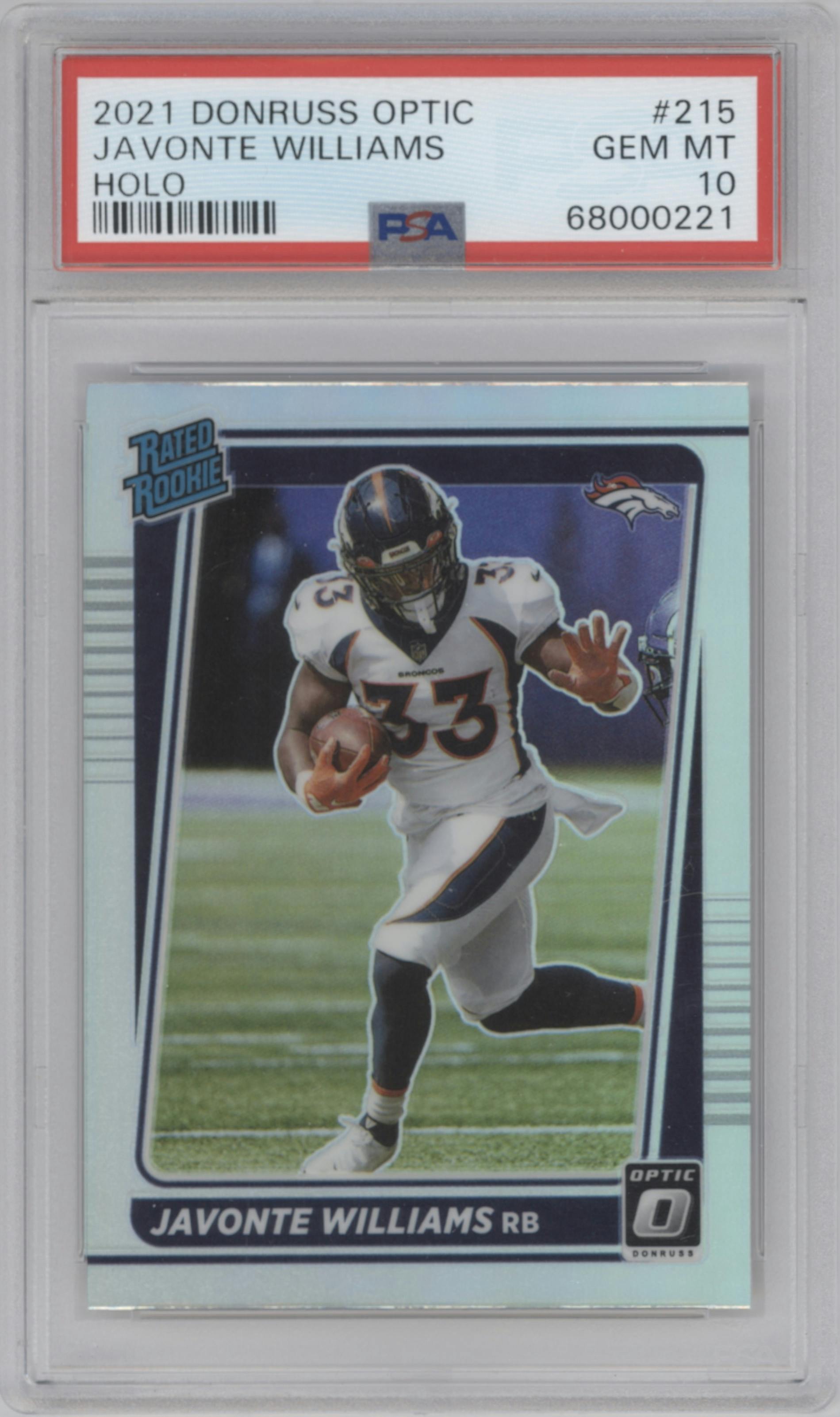 Javonte Williams from the 2021 Panini Donruss Optic set featuring a Holo parallel graded by PSA and given an overall grade of 10.