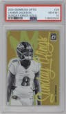 Lamar Jackson from the 2024 Donruss Optic set featuring a Gold parallel graded by PSA and given an overall grade of 10.