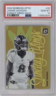 Lamar Jackson from the 2024 Donruss Optic set featuring a Gold parallel graded by PSA and given an overall grade of 10.