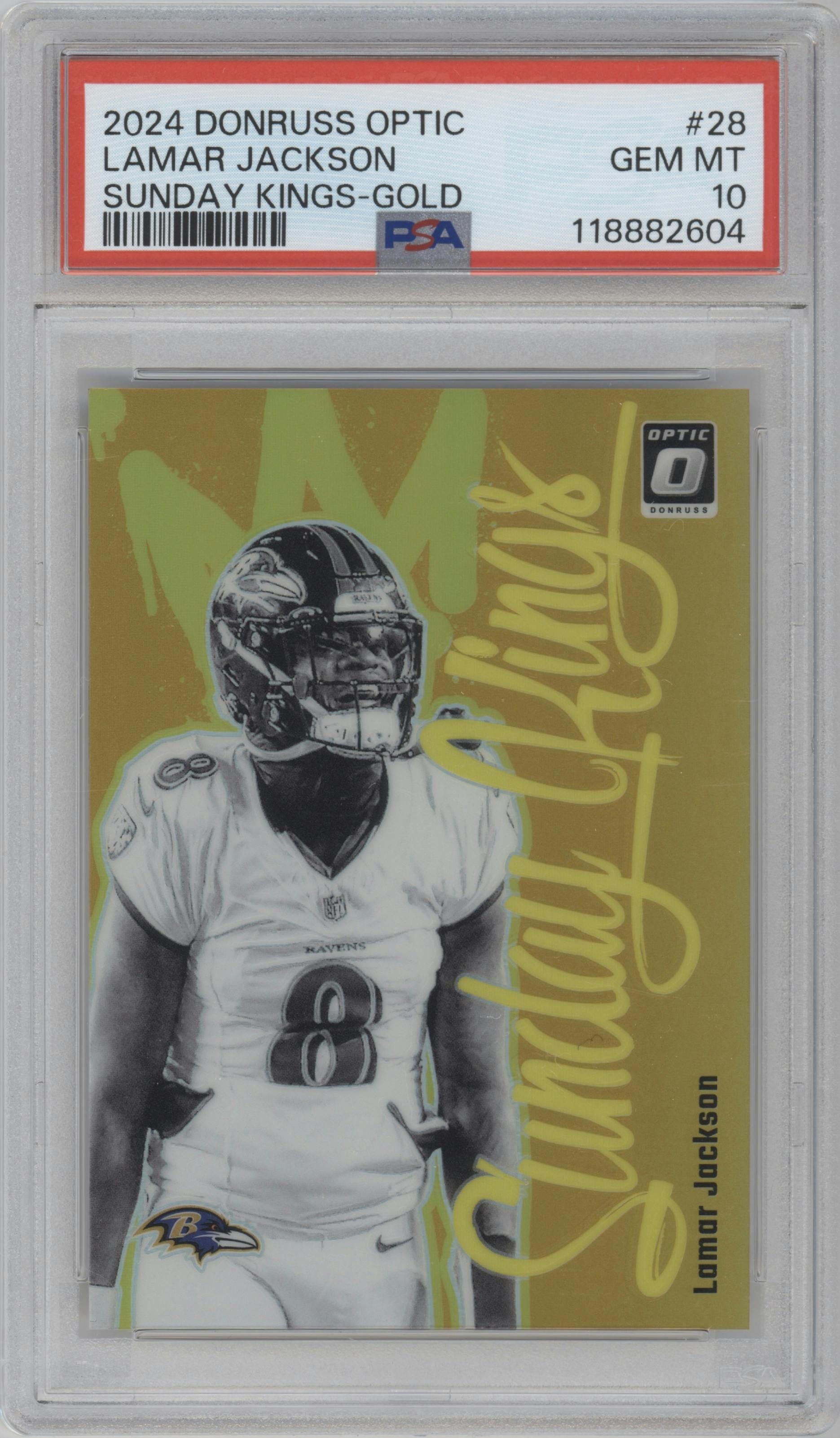 Lamar Jackson from the 2024 Donruss Optic set featuring a Gold parallel graded by PSA and given an overall grade of 10.