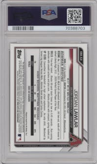 Jordan Lawlar from the 2021 Bowman Draft set featuring a Blue Refractor parallel graded by PSA and given an overall grade of 9.