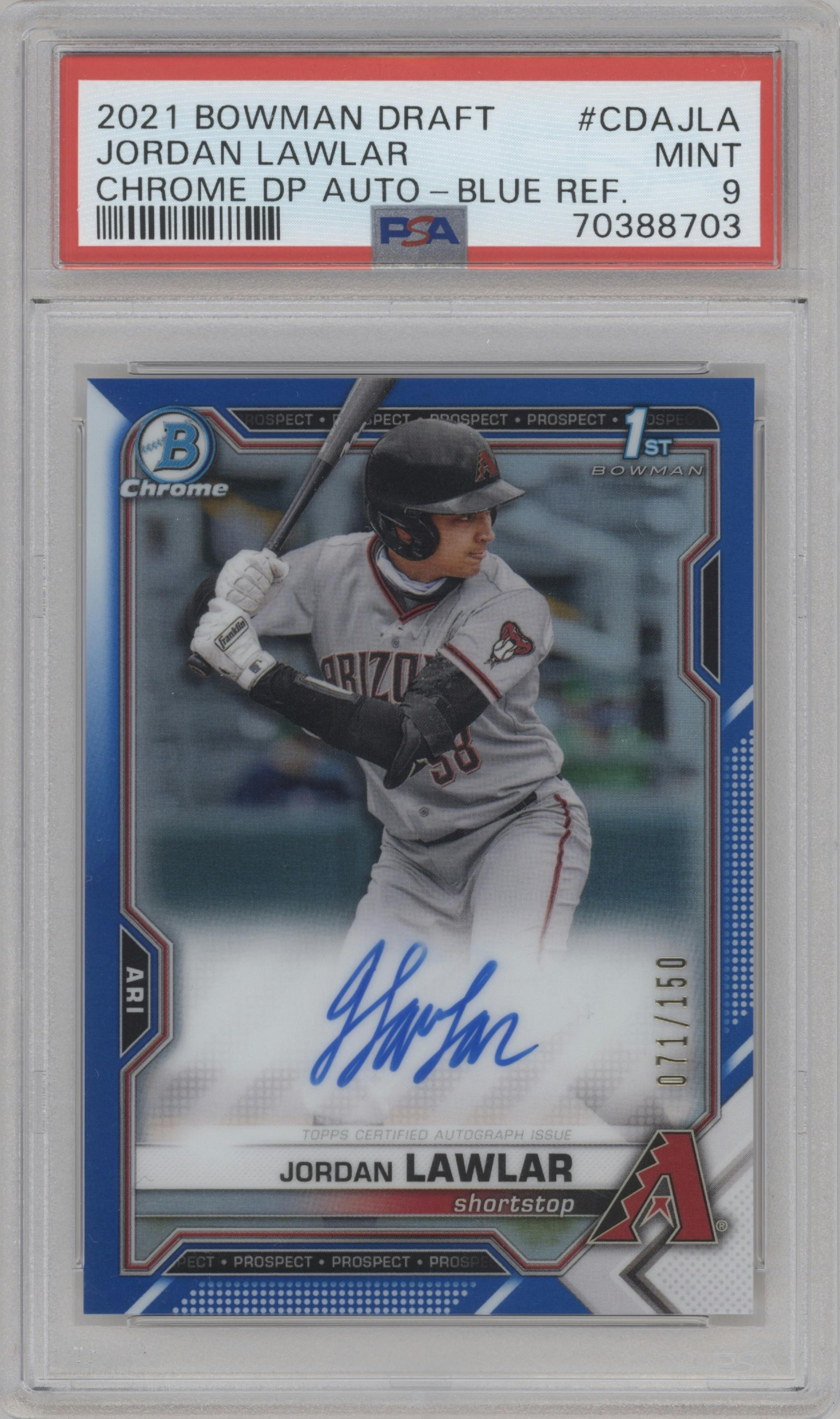 Jordan Lawlar from the 2021 Bowman Draft set featuring a Blue Refractor parallel graded by PSA and given an overall grade of 9.