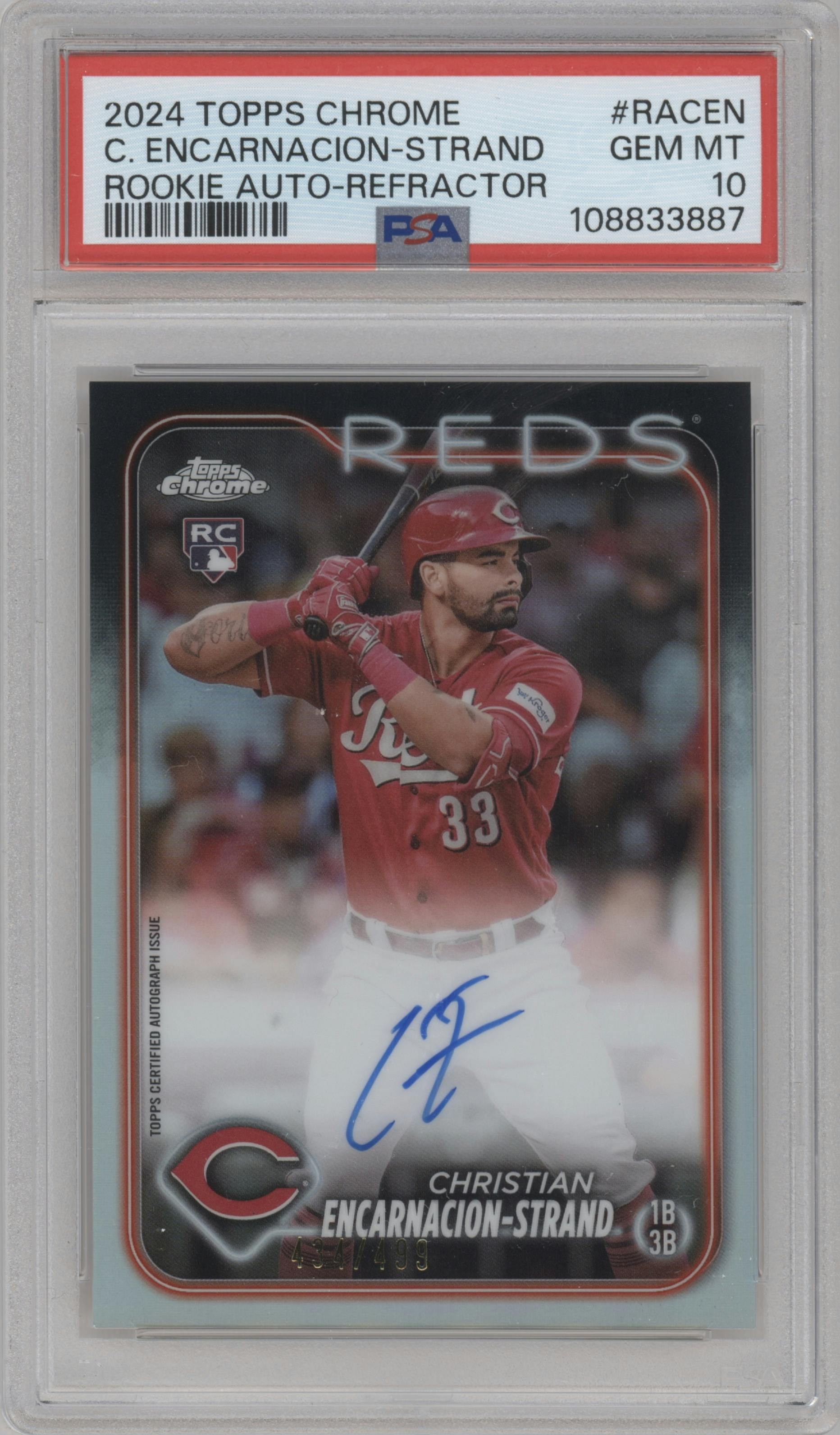 Christian Encarnacion-Strand from the 2024 Topps Chrome set featuring a Refractor parallel graded by PSA and given an overall grade of 10.