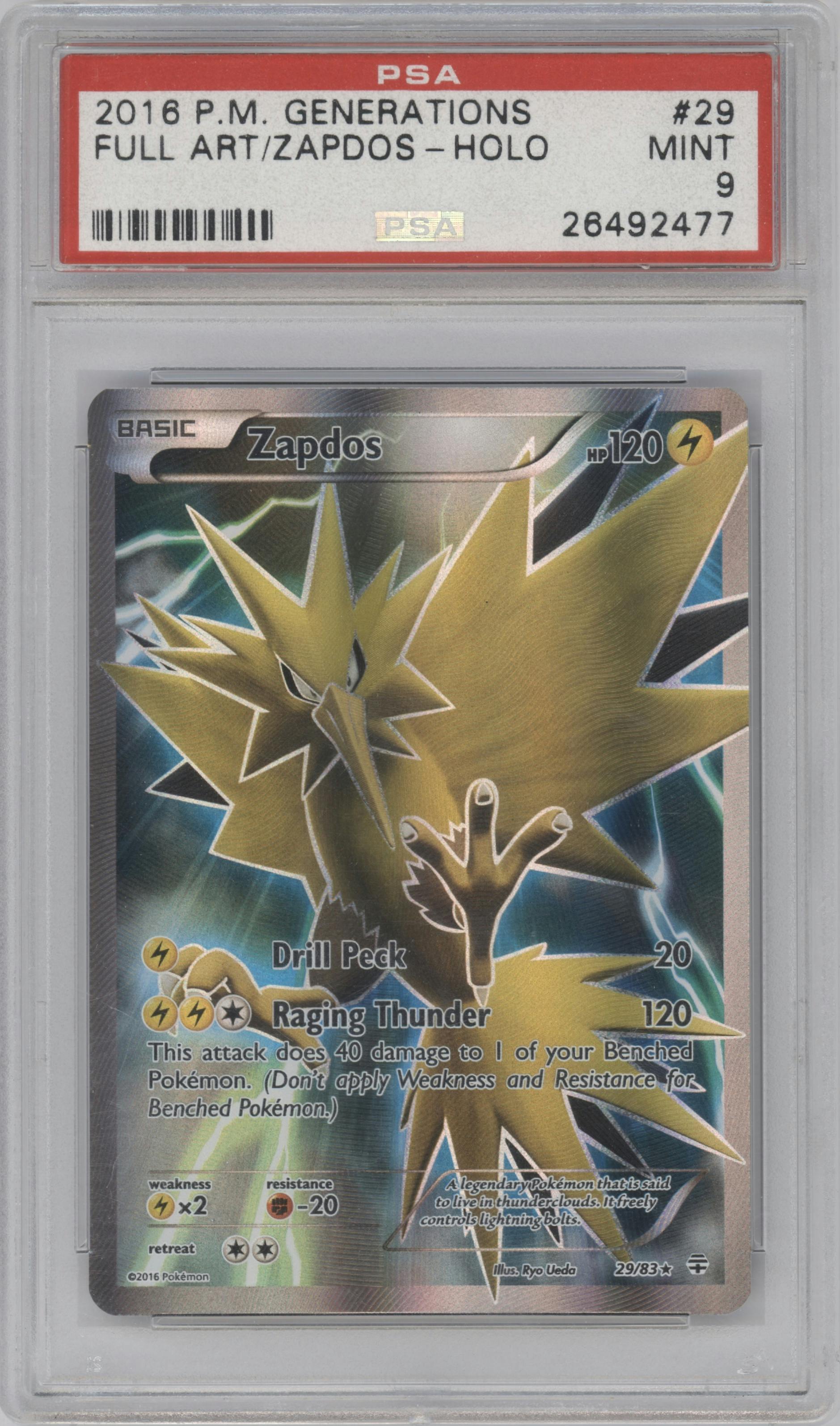 Zapdos from the 2016 Pokemon XY set graded by PSA and given an overall grade of 9.