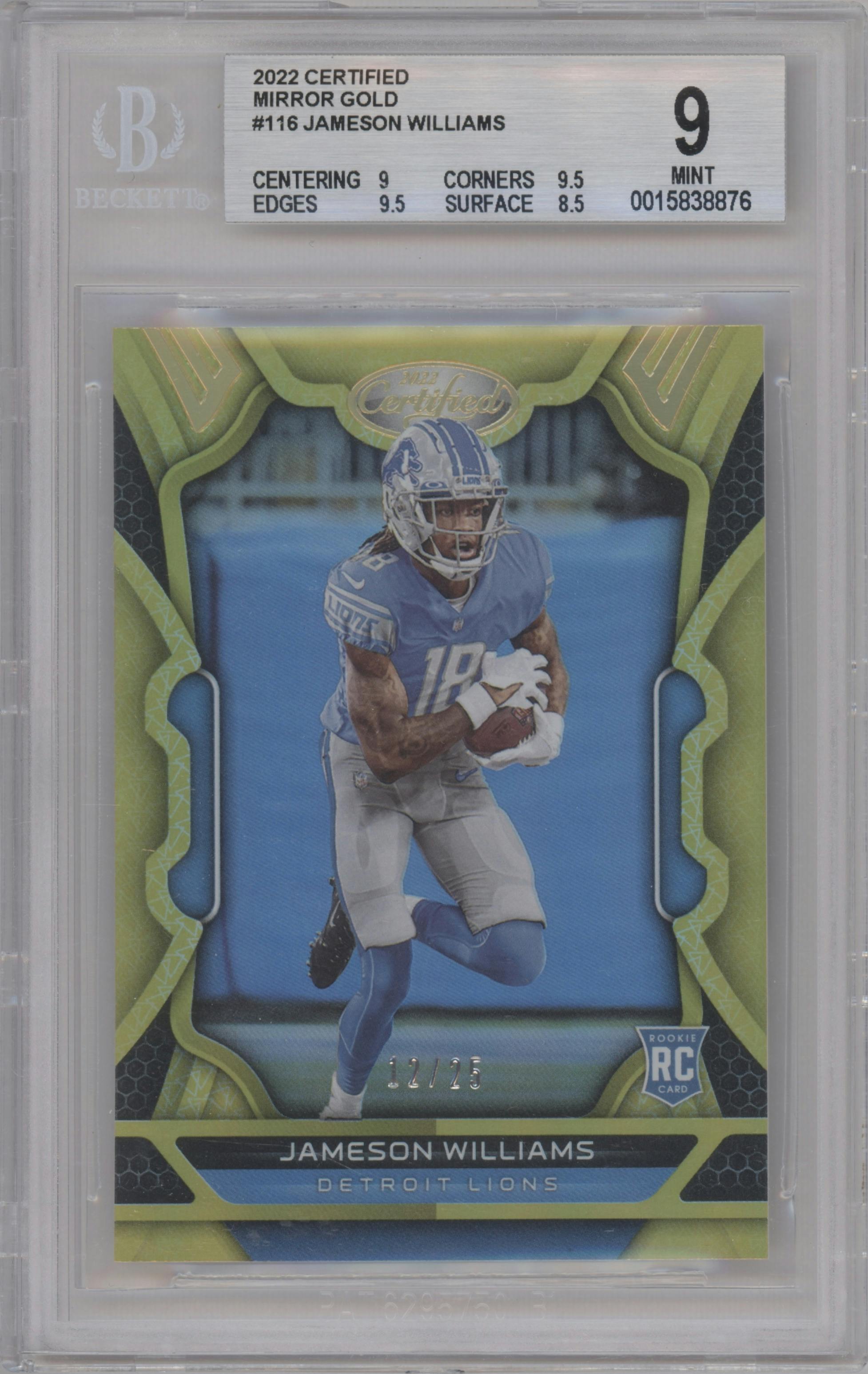 Jameson Williams  from the 2022 Panini Certified set featuring a Mirror Gold parallel graded by Beckett and given an overall grade of 9.