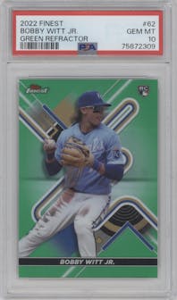 Bobby Witt Jr. from the 2022 Topps Finest set featuring a Green Refractor parallel graded by PSA and given an overall grade of 10.