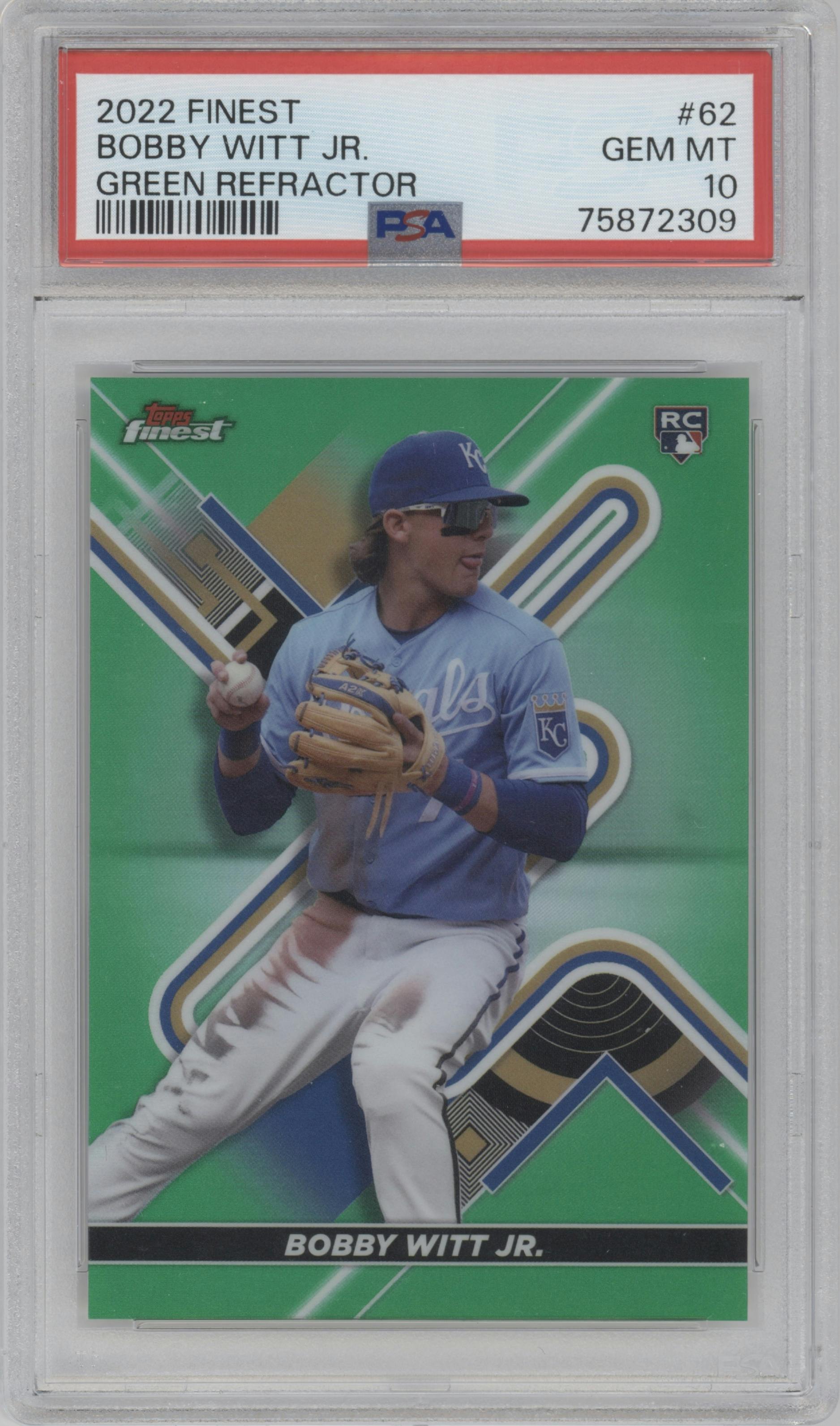 Bobby Witt Jr. from the 2022 Topps Finest set featuring a Green Refractor parallel graded by PSA and given an overall grade of 10.