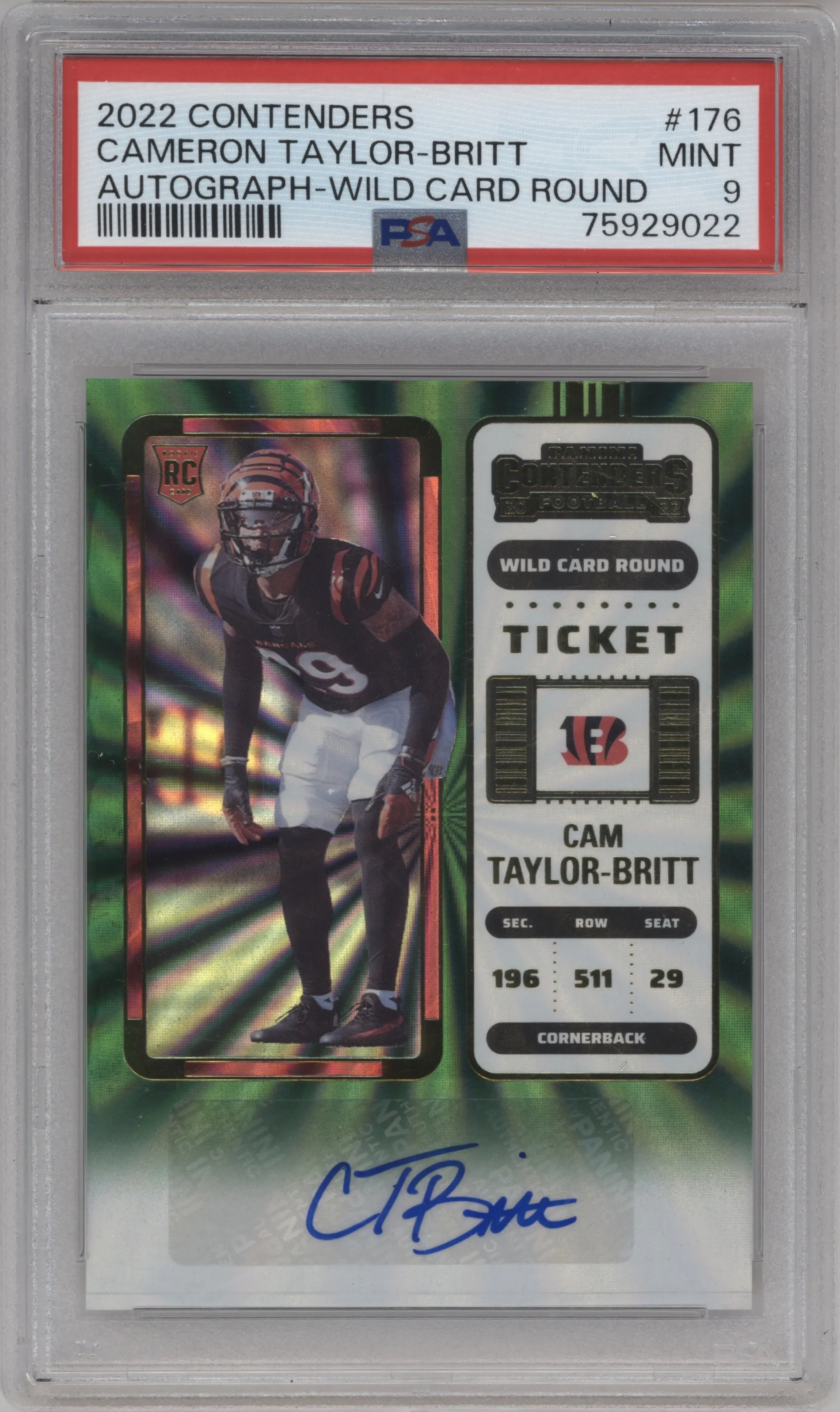 2022 Panini Contenders Vet.Tkt.Auto Cam Taylor-Britt Wild Card Round #176 PSA 9